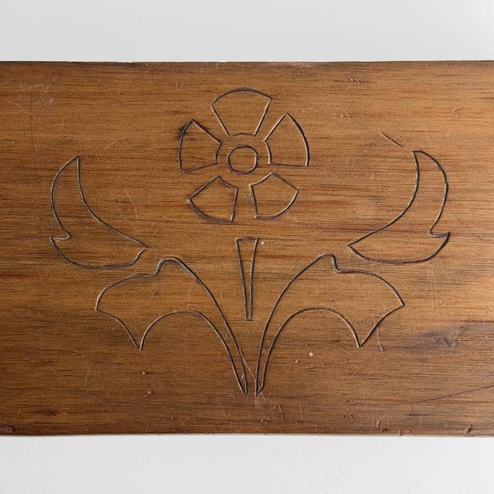 Vintage Wooden Jewelry Box Chest Rustic Carved Flower Red Fur Liner‎ 80s Cabin